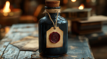 Close-up of amber glass bottle with wax stamp and empty tag