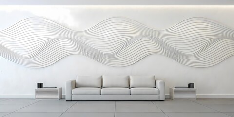 Intertwined flowing ribbons in layered white plaster, weaving across a wide canvas with graceful movement — accentuated by directional lighting for a sculptural modern look behind the sofa sets