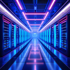 Fototapeta premium Futuristic Data Center with Glowing Server Racks