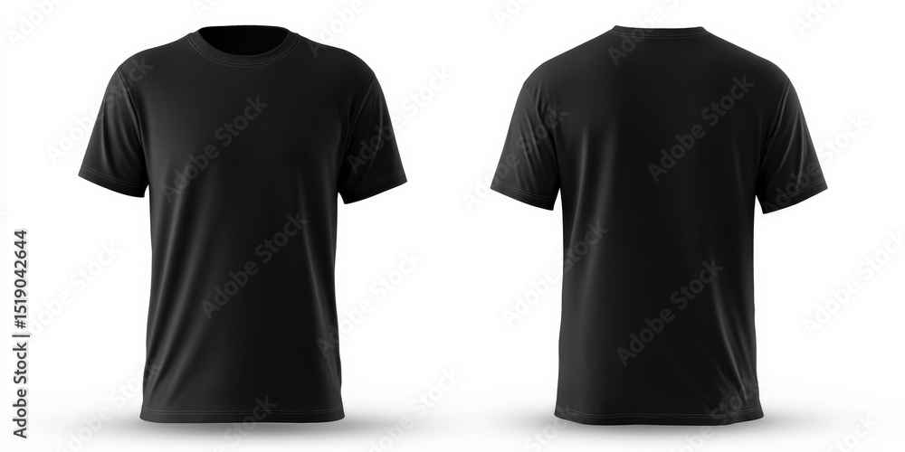 Aufkleber front and back views of a plain black t shirt, ideal for displaying custom designs or logos on a cle