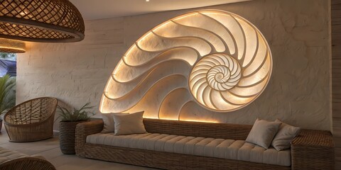Spiraling 3D shell-like form embedded in the wall, with layered plaster rings echoing a Fibonacci sequence, painted in ombré sandstone shades — placed above a low-profile sofa with woven textures and 