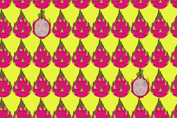 Seamless pattern of pink dragon fruits on a yellow background. Perfectly creates a summer tropical mood. Vector