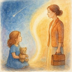 A young girl with a teddy bear looks at a woman in business attire, separated by a glowing light..Concept: Emotional distance between childhood and adult responsibilities.