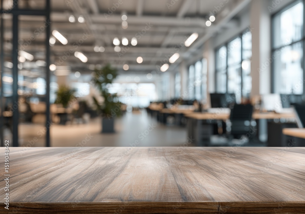 Poster Empty wooden desk for displaying products with a blurred office in the background, creating a professional and modern workspace