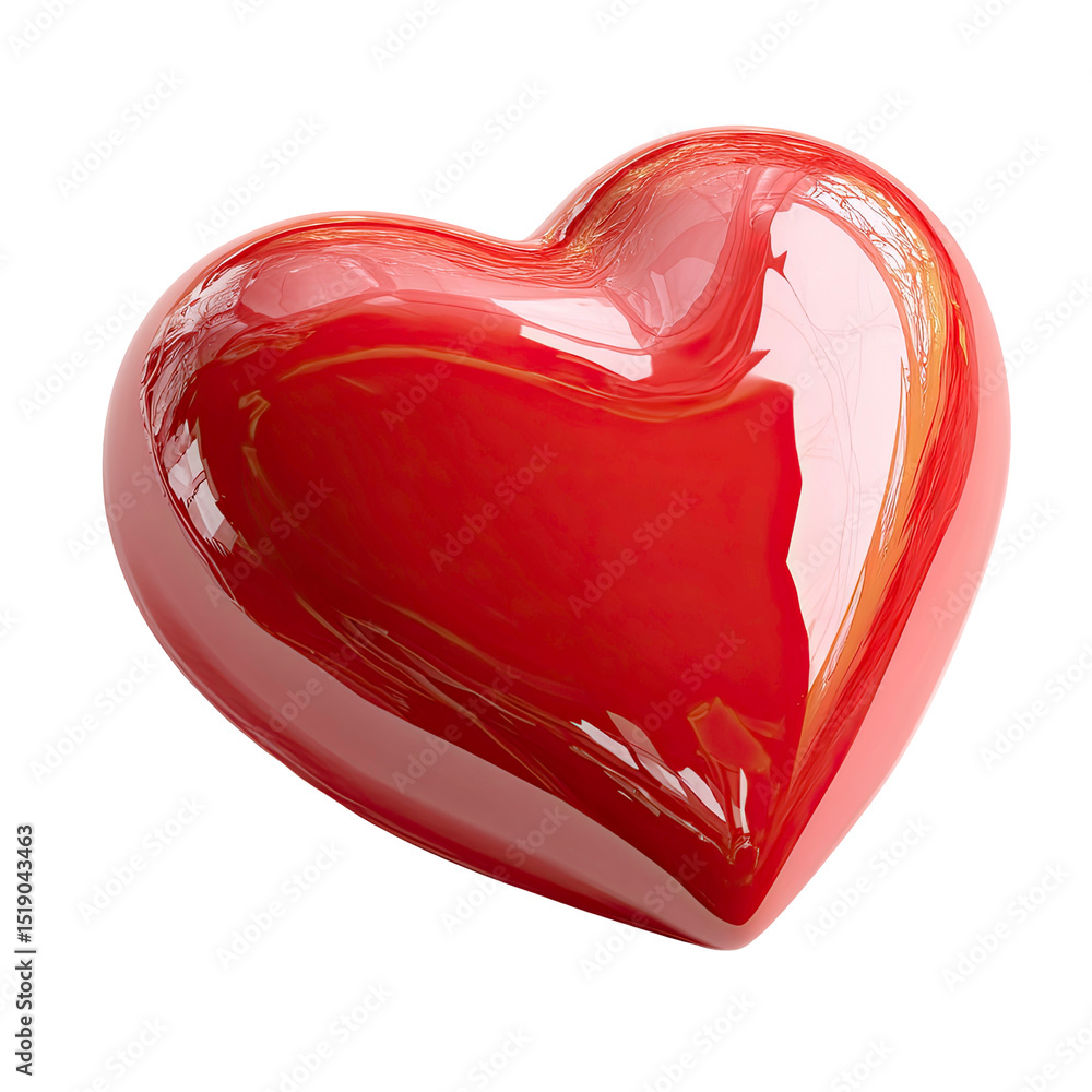 Poster shiny red heart shape with reflections on transparent background