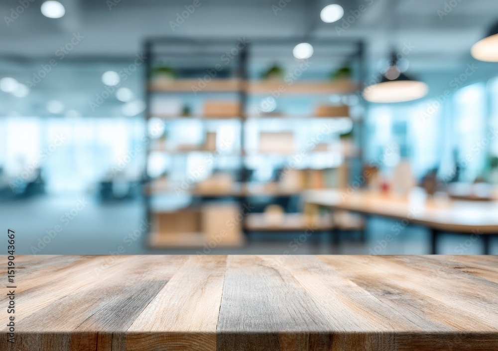 Poster Empty wooden table top with blurred modern open space office background for product display or presentation