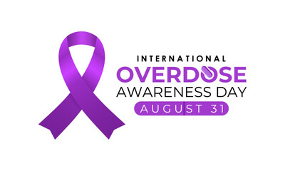International Overdose Awareness Day. Unite for Prevention, Remember with Purpose. Syringe, pills, Medicine bottle, Capsules with powder or granules.. Purple Realistic ribbon. Banner poster, backgroud