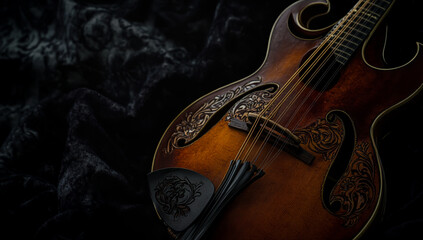 Obraz premium A close-up shot of an elegant, vintage mandolin, featuring intricate wood carvings, lying delicately on a rich, dark velvet cloth under soft, captivating light.