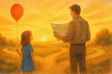 A girl with a red balloon stands beside a man holding a map at a fork in the road during sunset..Concept: Navigating life’s choices between innocence and direction.