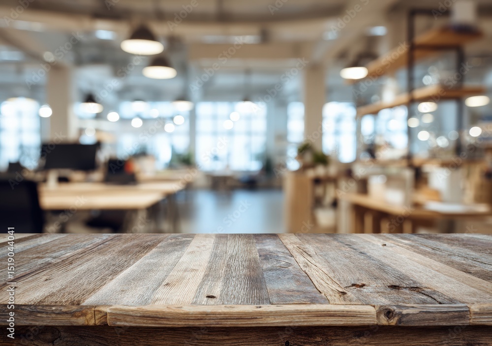 Poster empty wooden table for product placement or montage with a blurred modern office background and seve