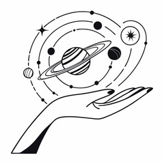 Cosmic Hold – Hand with Orbiting Planets