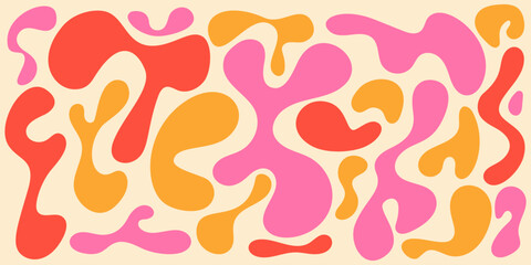 Fototapeta na wymiar Funky liquid shapes seamless pattern - abstract colorful blobs, drops and splashes forms in psychedelic 60s style on groovy background. Wavy trippy colour curves, fluid retro design texture.