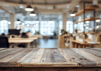 Empty wooden table for product placement or montage with a blurred modern office background and several desks