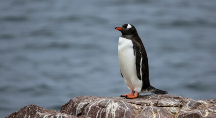 Fototapeta premium Gentoo Penguin: Serene Coastal Portrait, Striking Black and White