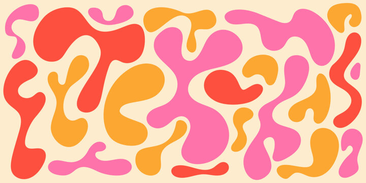 Funky liquid shapes seamless pattern - abstract colorful blobs, drops and splashes forms in psychedelic 60s style on groovy background. Wavy trippy colour curves, fluid retro design texture.