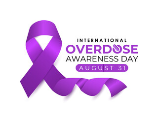 International Overdose Awareness Day. Unite for Prevention, Remember with Purpose. Syringe, pills, Medicine bottle, Capsules with powder or granules.. Purple Realistic ribbon. Banner poster, backgroud