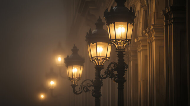 Foggy City Street at Night with Silhouetted Trees and Lit Lamps. Mysterious misty evening walk along a tree-lined street with glowing lamps