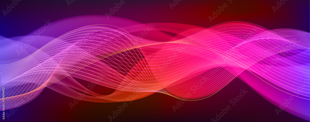 Poster audio wave neon visualization with flowing pink purple gradient lines on dark bg. digital sound freq