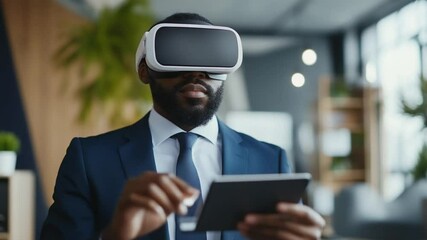 Confident businessman using virtual reality headset and digital tablet in modern office - Powered by Adobe