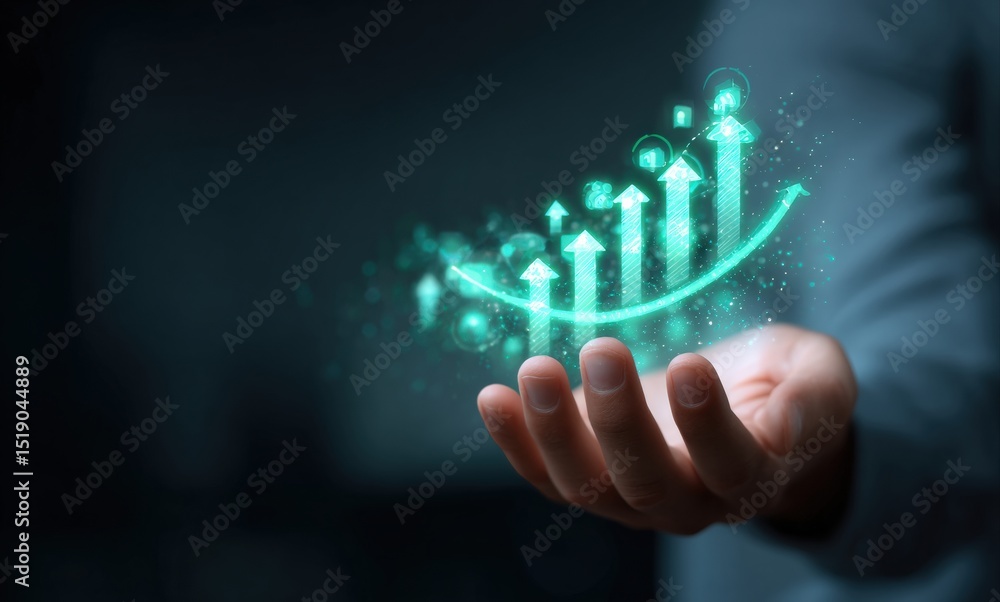 Poster hand demonstrating a positive trend with a hologram of rising curves and arrows, symbolizing busines