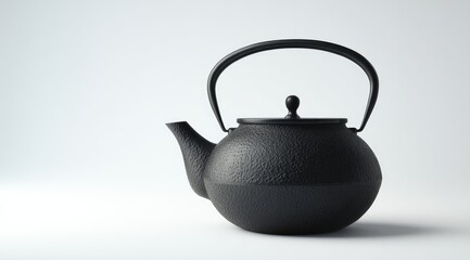 A black cast iron teapot with a rounded body, curved spout, and arched handle sits against a plain white background.  The teapot's surface exhibits a textured, hammered finish