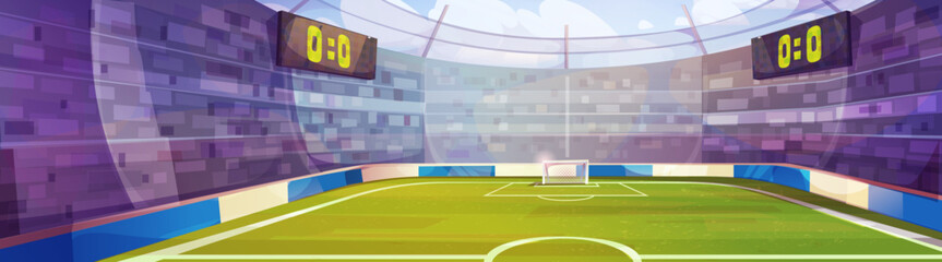 Cartoon soccer stadium interior with green field, white goal posts and net, digital scoreboards, circular arena with crowd stands, bright floodlights illuminating pitch for championship football match