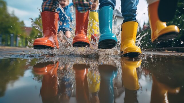 Children splashing in puddles, wearing colorful rain boots