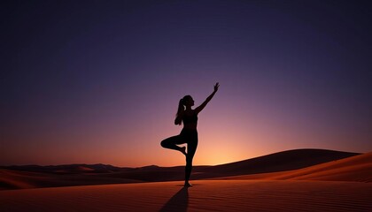 Silhouette of figure in desert night yoga pose, pastel colors,   night yoga,   desert night