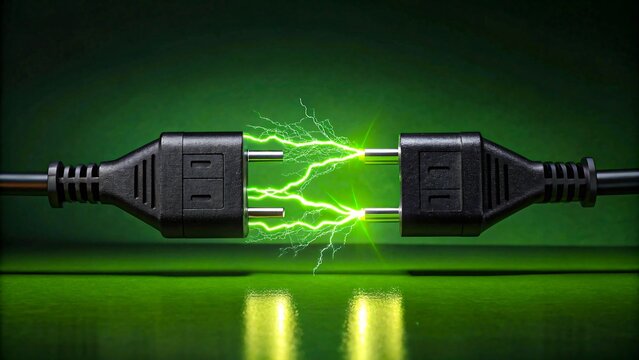 Electric sparks connecting two power plugs symbolizing energy transfer and electricity concept
