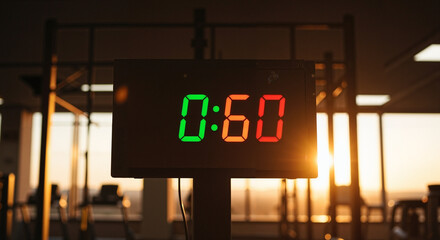 0:60 displayed in green and red numbers on a digital timer, mounted on a pole. Sunlight streams through large windows in a fitness facility, highlighting equipment silhouettes