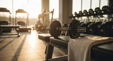 Fototapeta na wymiar Dumbbell rests on bench with a towel, surrounded by gym equipment and weights in a sunlit gym setting. Warm lighting and exercise-focused environment create an atmosphere of fitness motivation