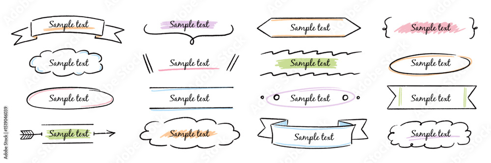 Aufkleber text box hand drawn frame title banner set. hand drawn doodle line banner, ribbon line label memo sh