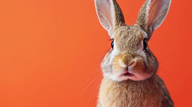 Adorable close-up of a brown rabbit with long ears on a vibrant orange background