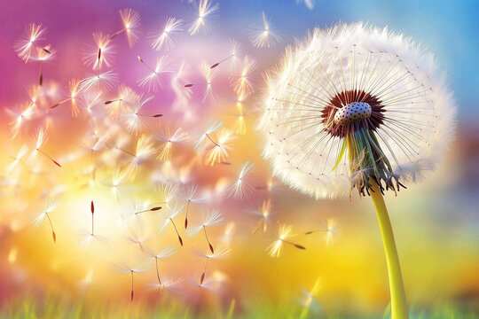 Silhouette of Dandelion Seeds Dispersing at Sunset. A dandelion with seeds blowing away against a colorful sunset sky.