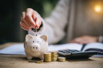 Plakat Woman placing coins into a piggy bank, with stacks of coins, calculator, and notebook nearby, symbolizing saving and financial planning