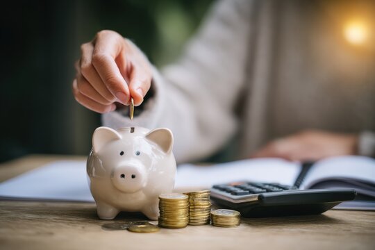 Woman placing coins into a piggy bank, with stacks of coins, calculator, and notebook nearby, symbolizing saving and financial planning