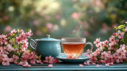 Fototapeta premium Vintage Teapot and Cup Surrounded by Fresh Spring Blossoms 