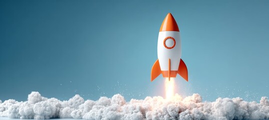 3D rocket launch. Space galaxy exploration vehicle. Banner or social media copy space template. Generative AI technology.	

