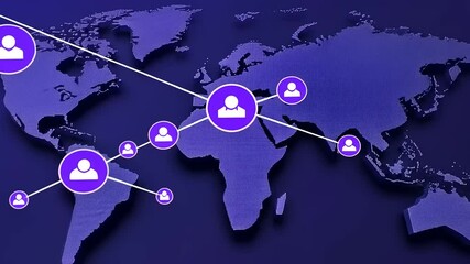 Global network connections illustrated on a world map with user icons representing interaction - Powered by Adobe