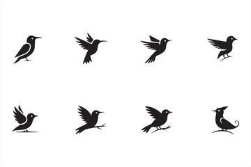 Elegant collection of bird icon silhouettes in various flight poses for modern digital designs