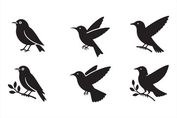 Black bird silhouettes in flight and perched, ideal for logo design, nature illustrations, and digital projects