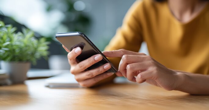 Close up view of hands browsing a mobile phone on a wooden office table, with a softly blurred background enhancing the modern workspace
