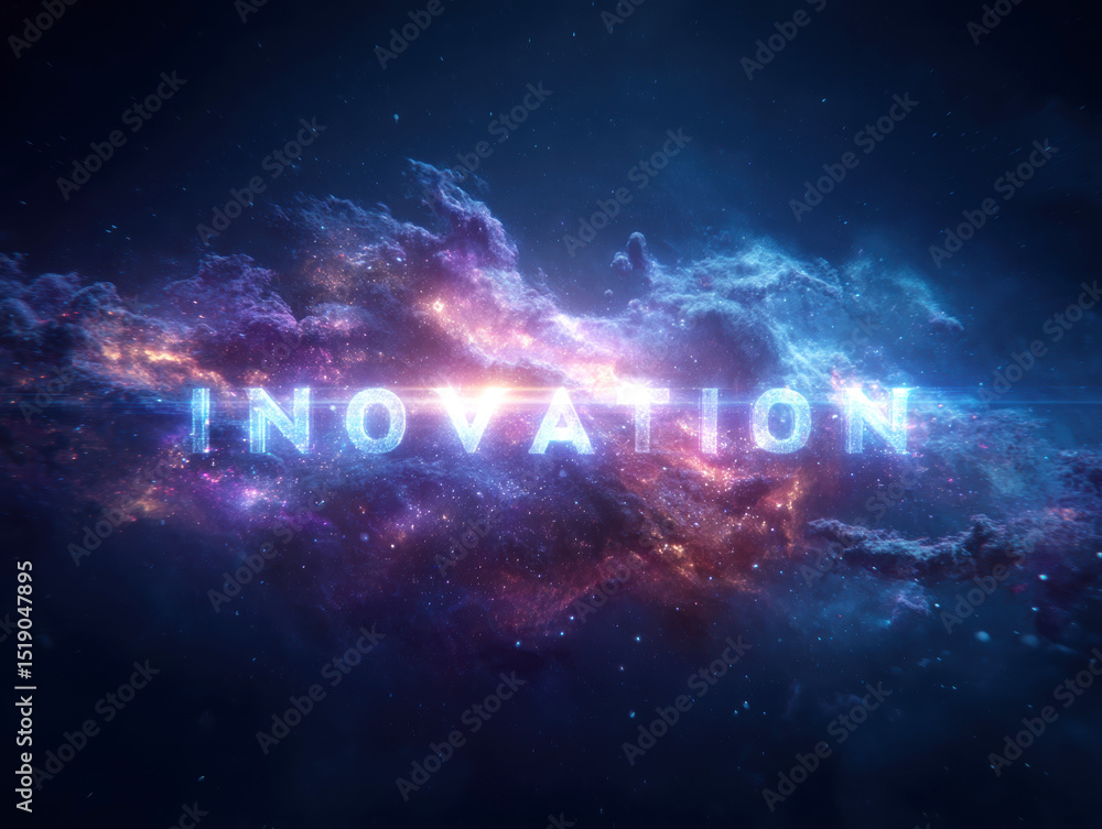 Poster exploring the concept of innovation in a cosmic environment filled with color