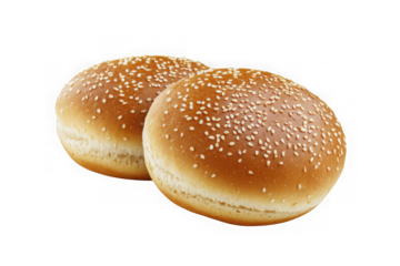 Two hamburger buns with sesame seeds, bakery fresh, food photography, restaurant menu, culinary, isolated on transparent background