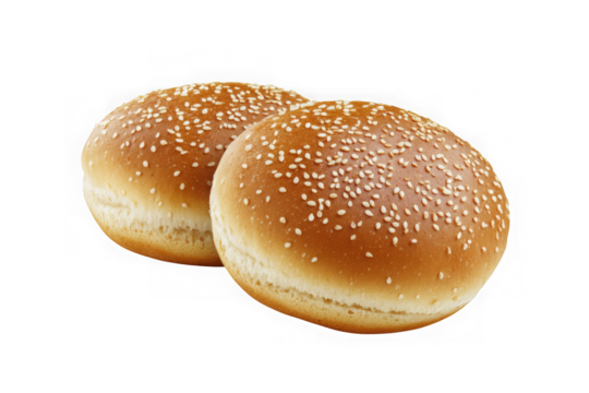 Two hamburger buns with sesame seeds, bakery fresh, food photography, restaurant menu, culinary, isolated on transparent background