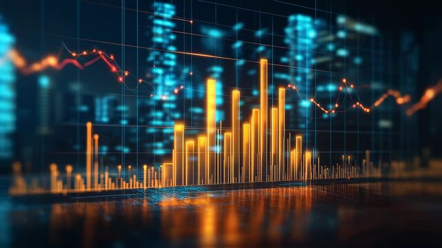 Abstract financial graph with increasing and decreasing trend on glowing city background