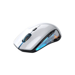 White wireless gaming computer mouse with blue led on transparent background 3d