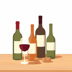 Colorful wine bottles and a glass arranged on wooden table, simplicity