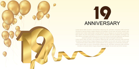 Elegant 19th anniversary celebration with golden balloons, ribbon, and bold 3D numbers. Perfect for greeting cards, banners, or party invitations. Luxurious and festive vector design