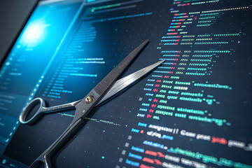 Close-up of Scissors Cutting Across Illuminated Computer Screen Displaying Code with Red and Blue Text